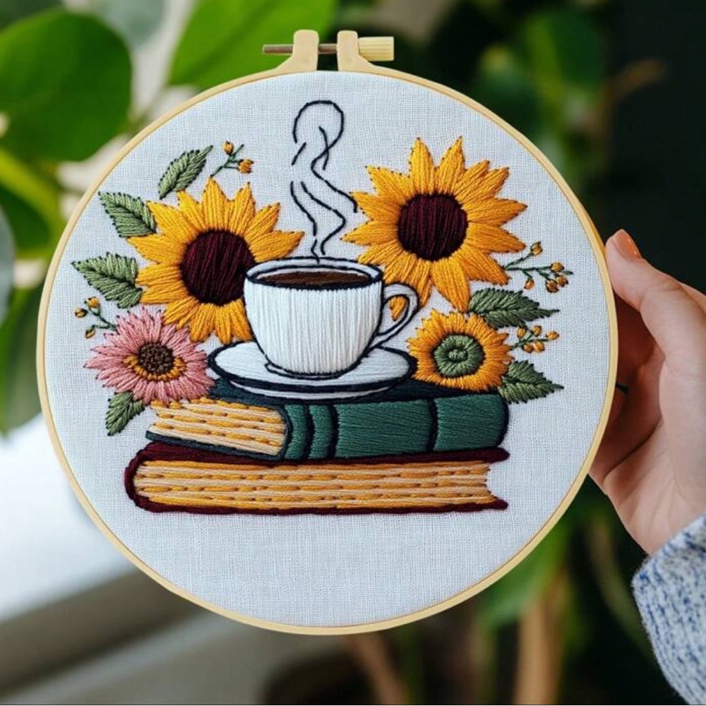 Hand-Embroidered Sunflower & Coffee Hoop Art - Yellow and Green